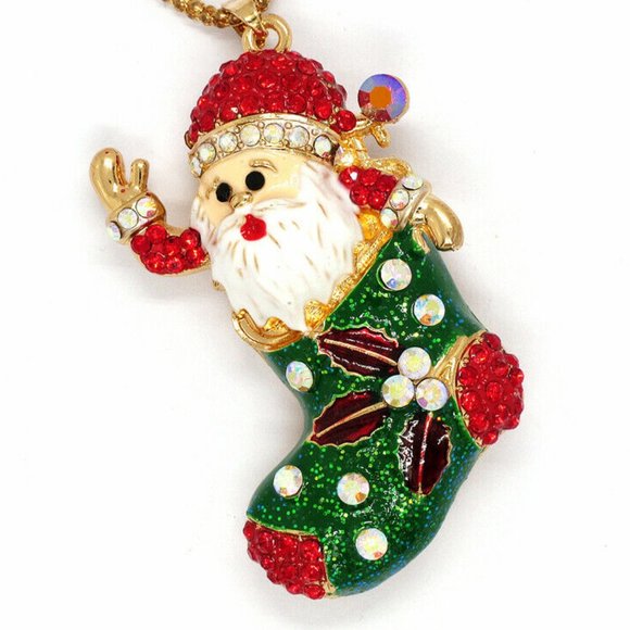 Jolly SANTA CLAUS Stocking Rhinestone Necklace - Picture 4 of 11
